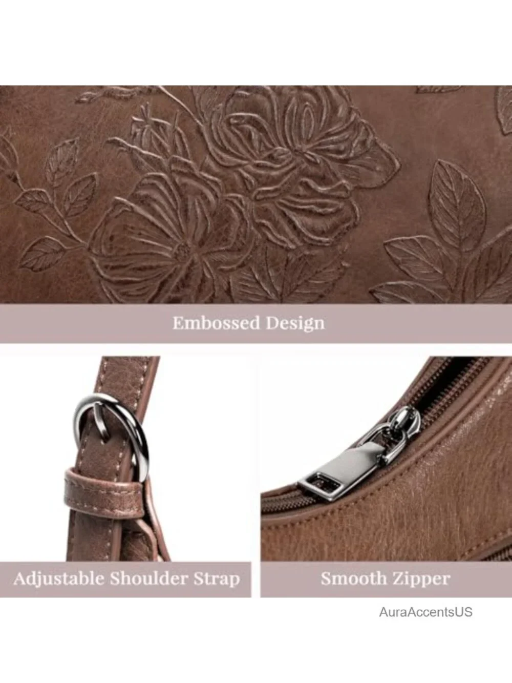 Floral Embossed Vegan Leather Crescent Hobo Bag with Adjustable Strap